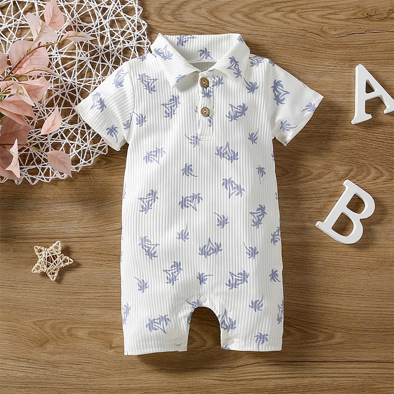 Strampler für Babys, Kokosnussbaum-Aufdruck, Umlegekragen, Einteiler, Säuglingskleidung, bequemes Baby-Outfit aus weichem Stoff