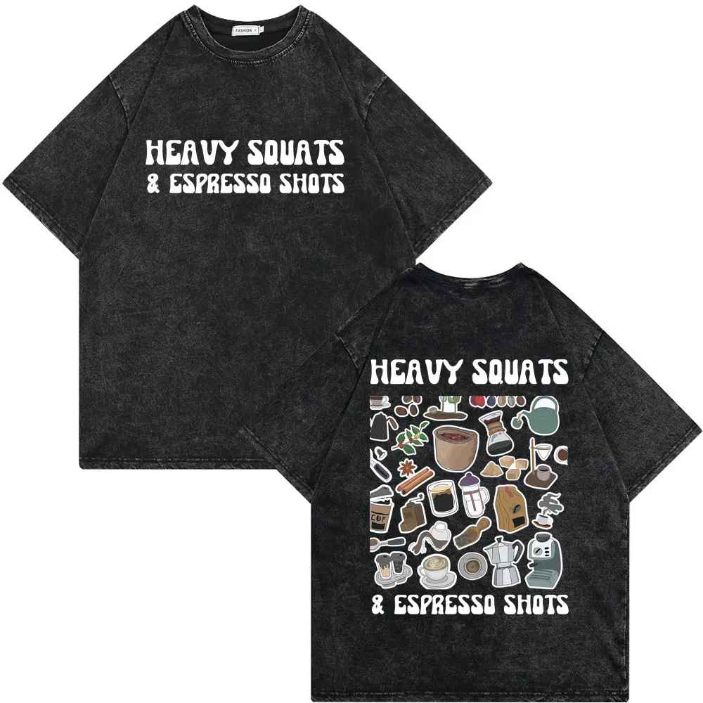 

Мужская винтажная черная футболка Heavy Squats Espresso Shots, летняя, 2026, для тренировок в спортзале, для любителей кофе, повседневная, хлопковая