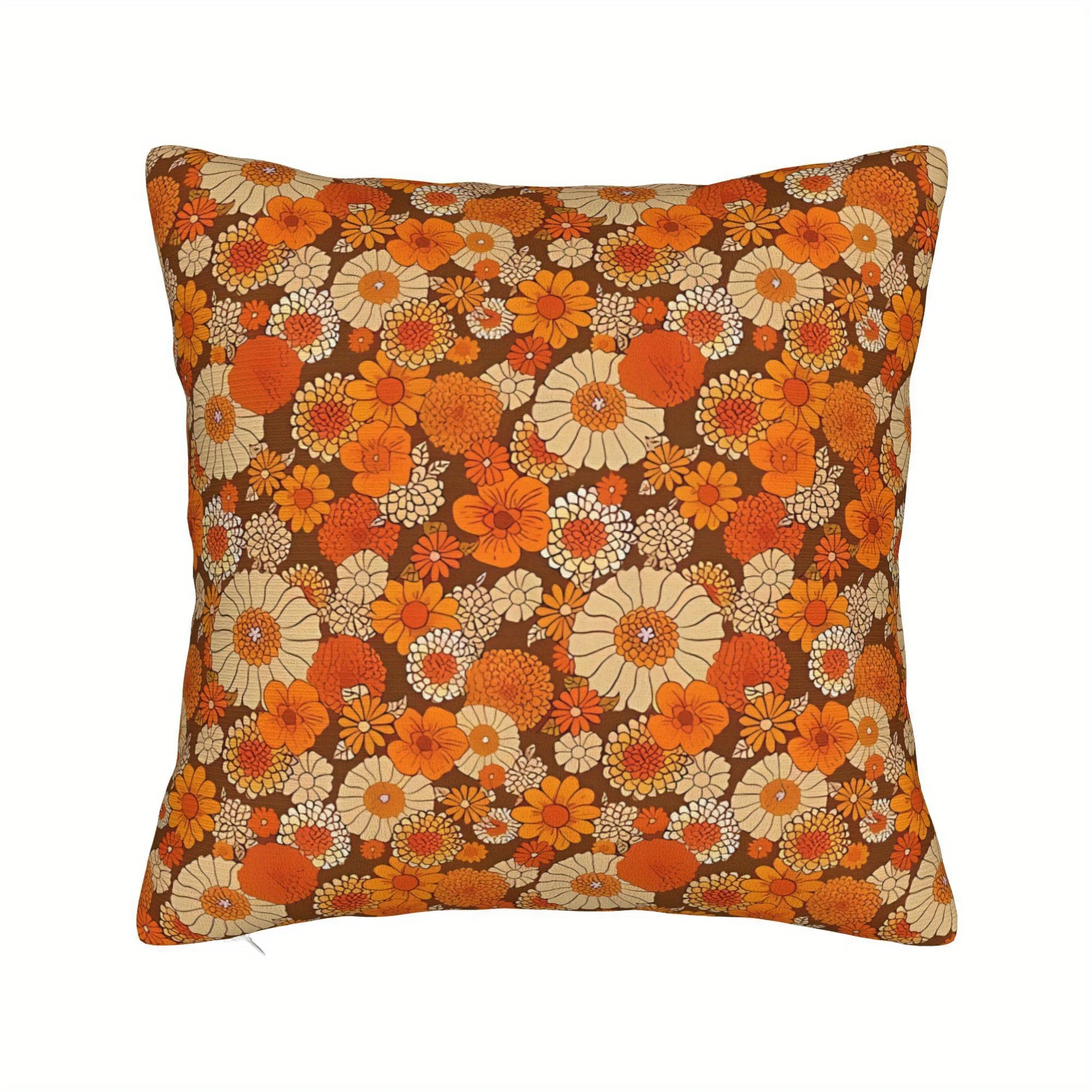 Retro Floral Pillow Cover, 70s Orange and Brown Daisies Design Cushion Case for Living Room Bedroom Home Decor Gift