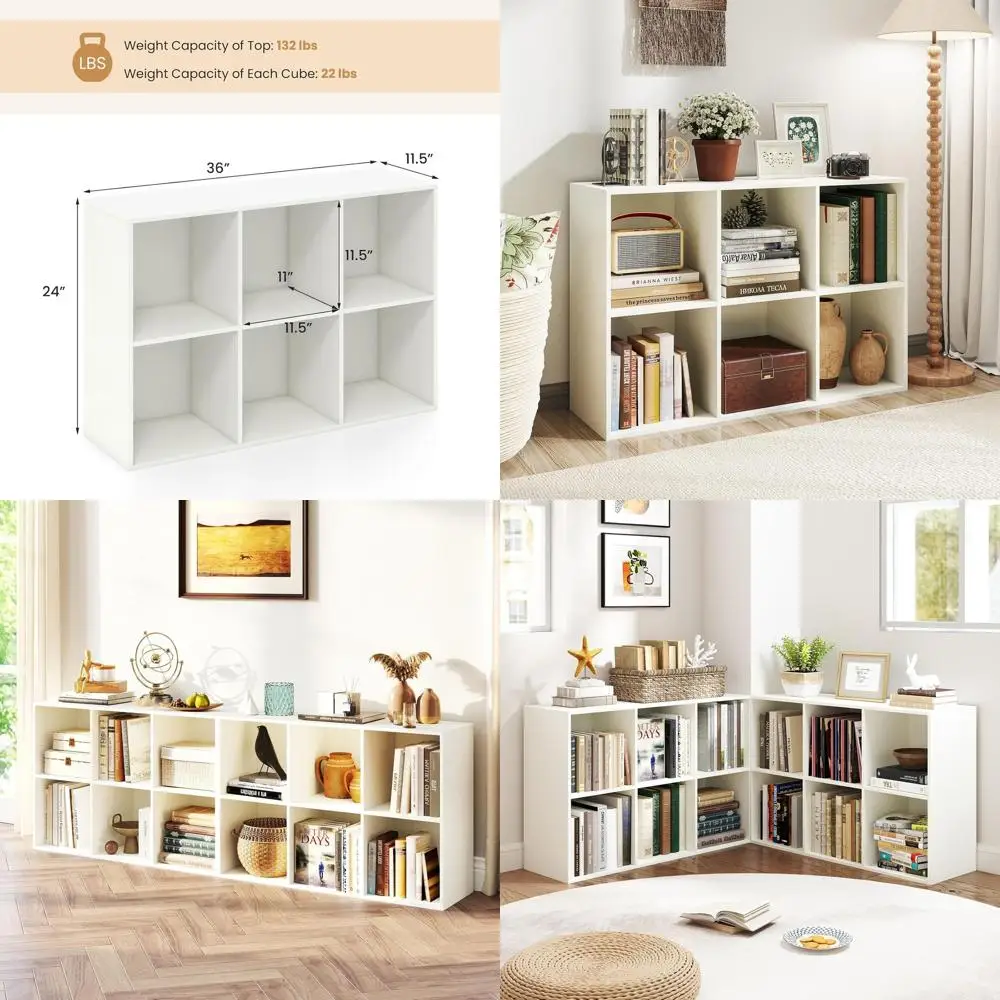 

Книжный шкаф на 6 ячеек, 3-уровневая полка с отсеками, горизонтальная витрина с защитой от опрокидывания, органайзер для хранения для дома, белый