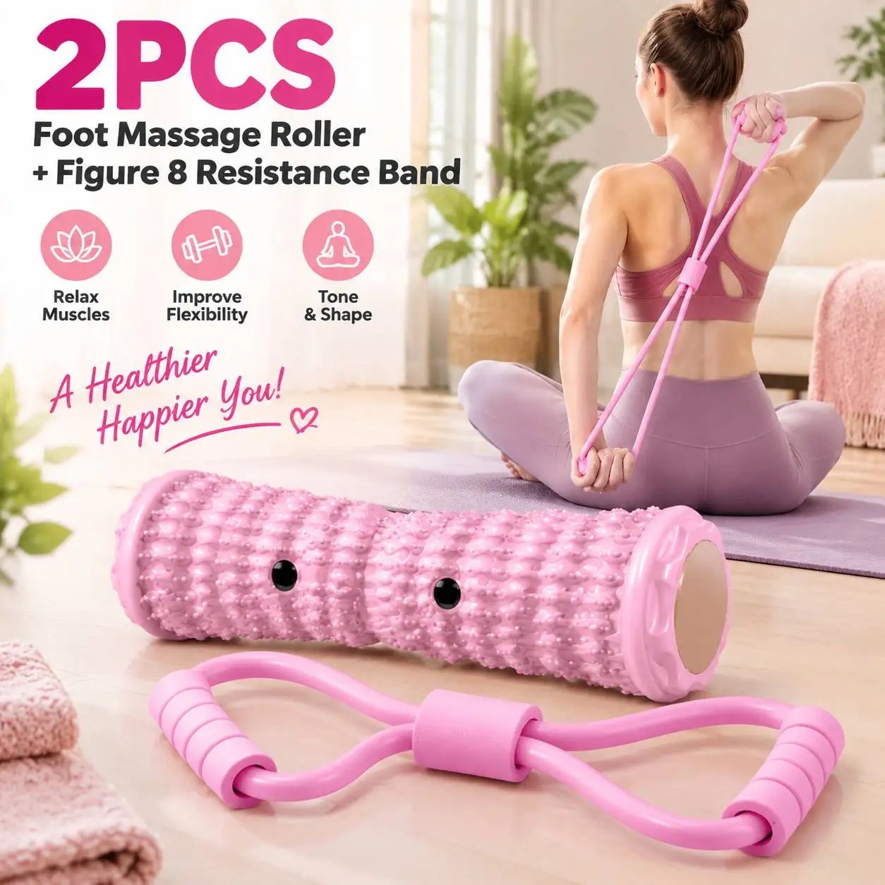 2pcs Foot Roller Balls 8 Shape Resistance Band Portable Foot Stretching Kit Home Yoga Balance Flexibility Training Fitness Tool