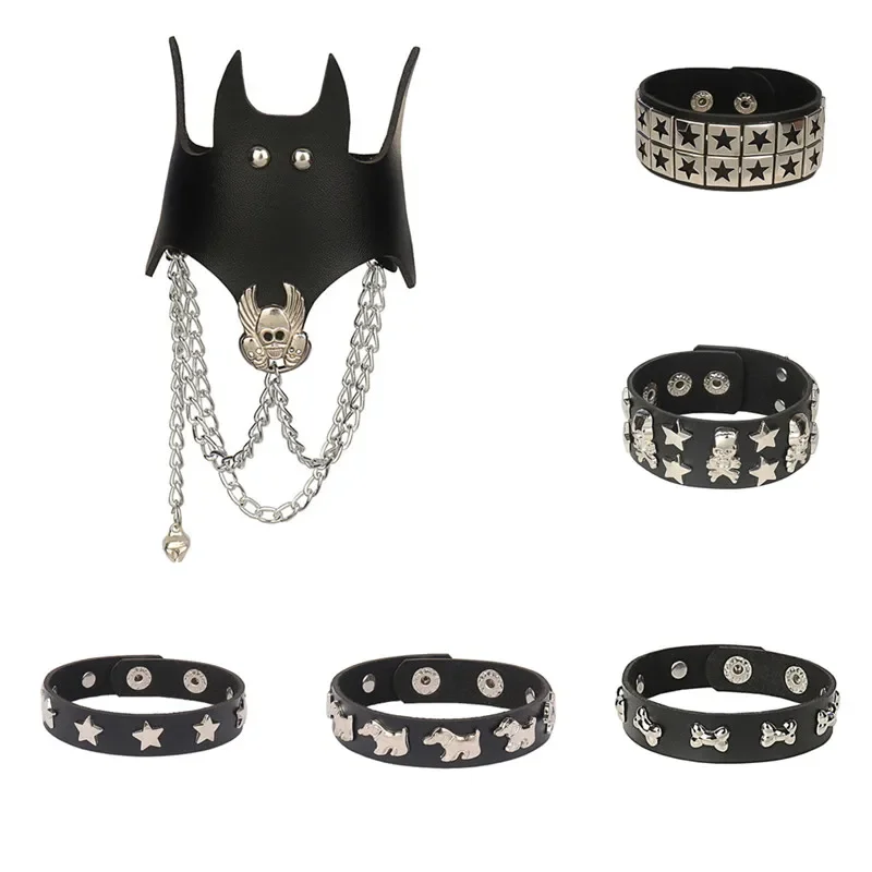 Neue Skeleton Hund Stern Schädel Nieten Spike Punk Gothic Rock Leder Schnalle Verzierte Armband Für Frauen Männer Armbänder Armreifen