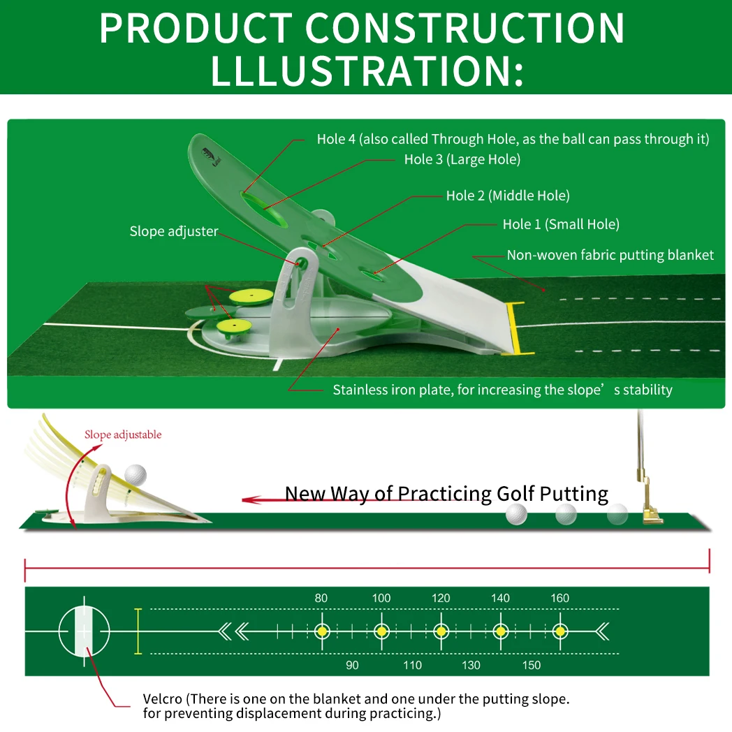 Caiton Golf Putting Mat: Portable Foldable Design, 6 Adjustable Slopes, Realistic Indoor Green with Auto Ball Return