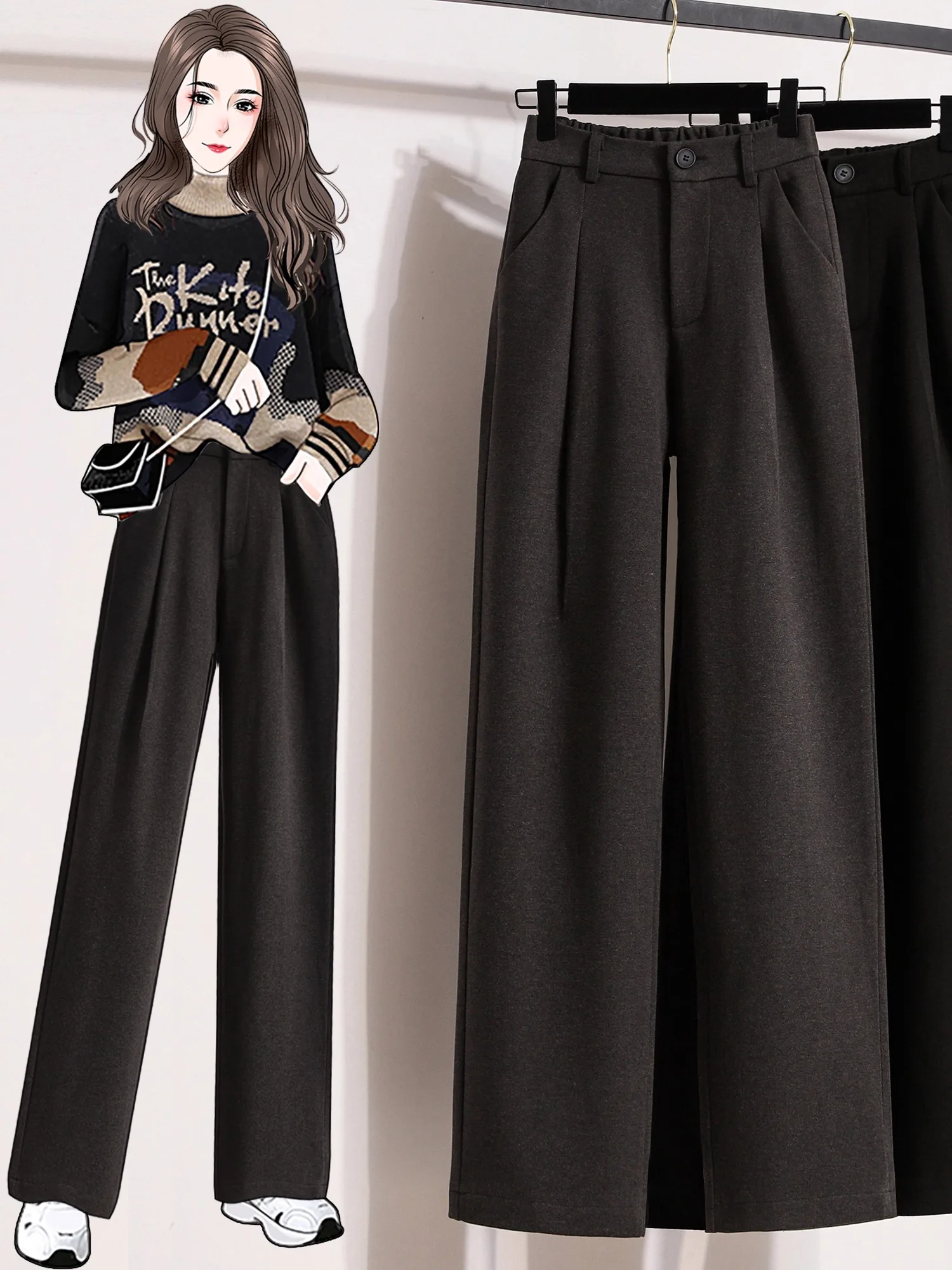 

High Waist Wide Leg Pants Women's Autumn Winter Woolen Straight Cut Slimming Casual Long Trousers plus Size Faionable