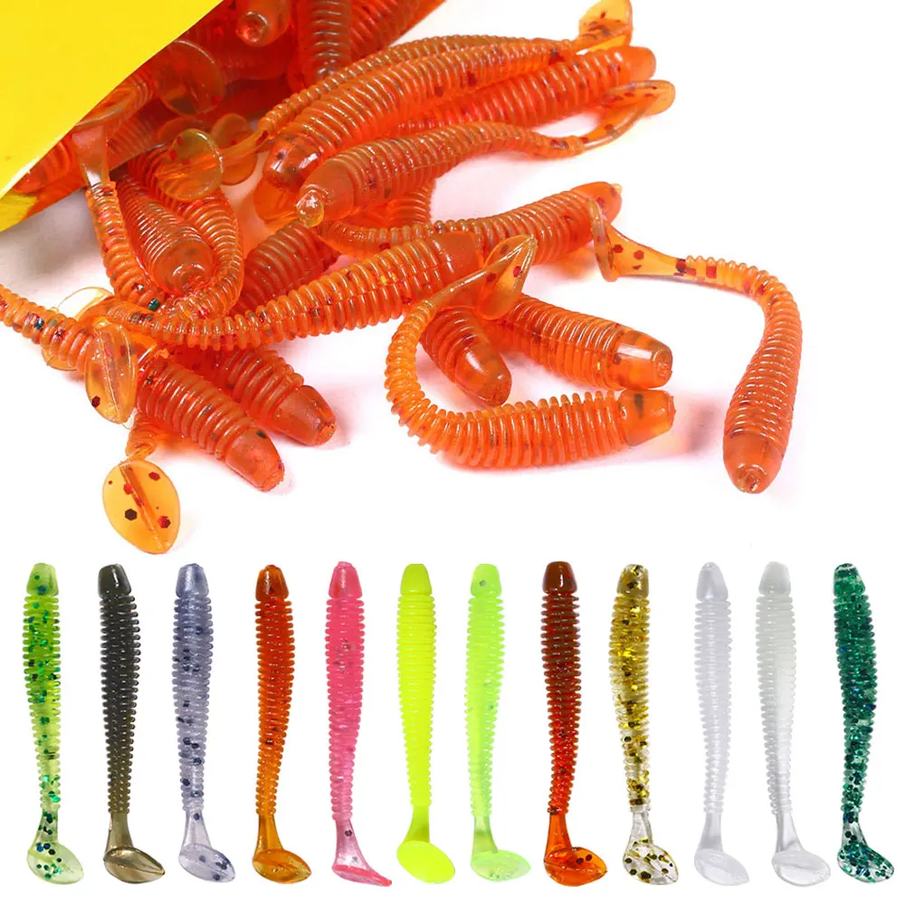 Hengjia 50pcs/Lot 4.5CM Small Soft Worm Swimbait T Tail Silicone Bait Wobbler Fishing Tackle for Carp Bass Pike