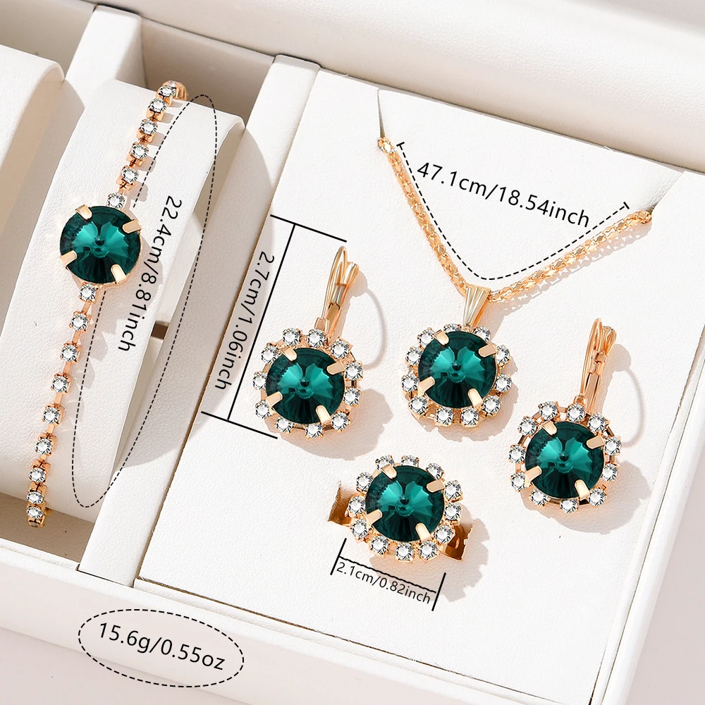 5 Piece Set Women Fashionable Temperament Circular Green Crystal Necklace Bracelet Earring Ring Combination Versatile Exquisite