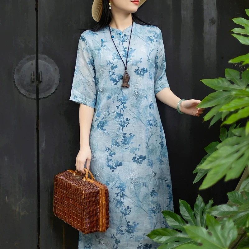 

Шикарное платье из хлопка и льна в китайском стиле с принтом, улучшенное Cheongsam, модное повседневное летнее синее платье Ципао в восточном стиле, традиционная одежда