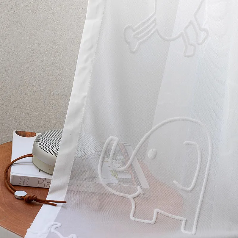 White Cartoon Animal Relief Flocking Tulle Curtain For Childrens Room Elephant Hippo Pattern Window Screen For Boys Girls Room