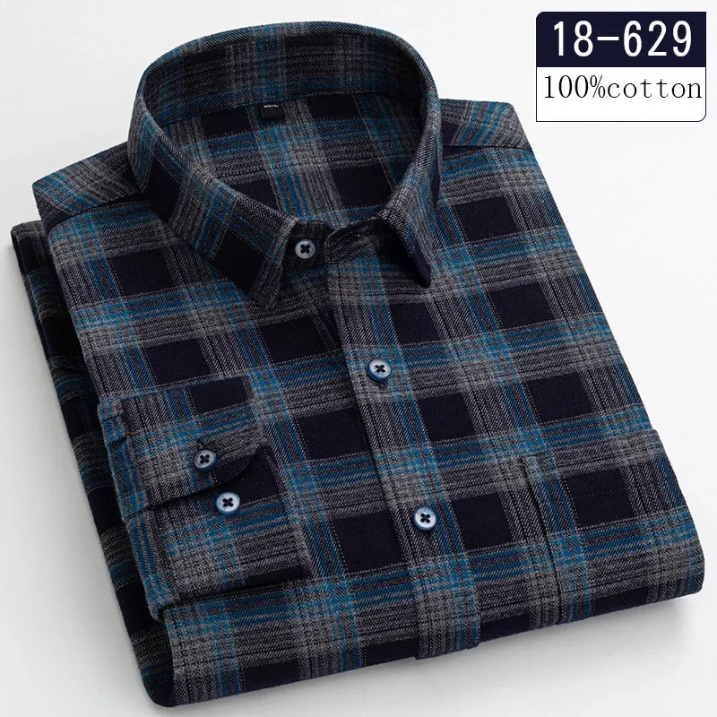 Chemise à manches longues pour hommes, 100% coton, ponçage, coupe couvertes, chemise décontractée, vêtements à carreaux de créateur doux, haute