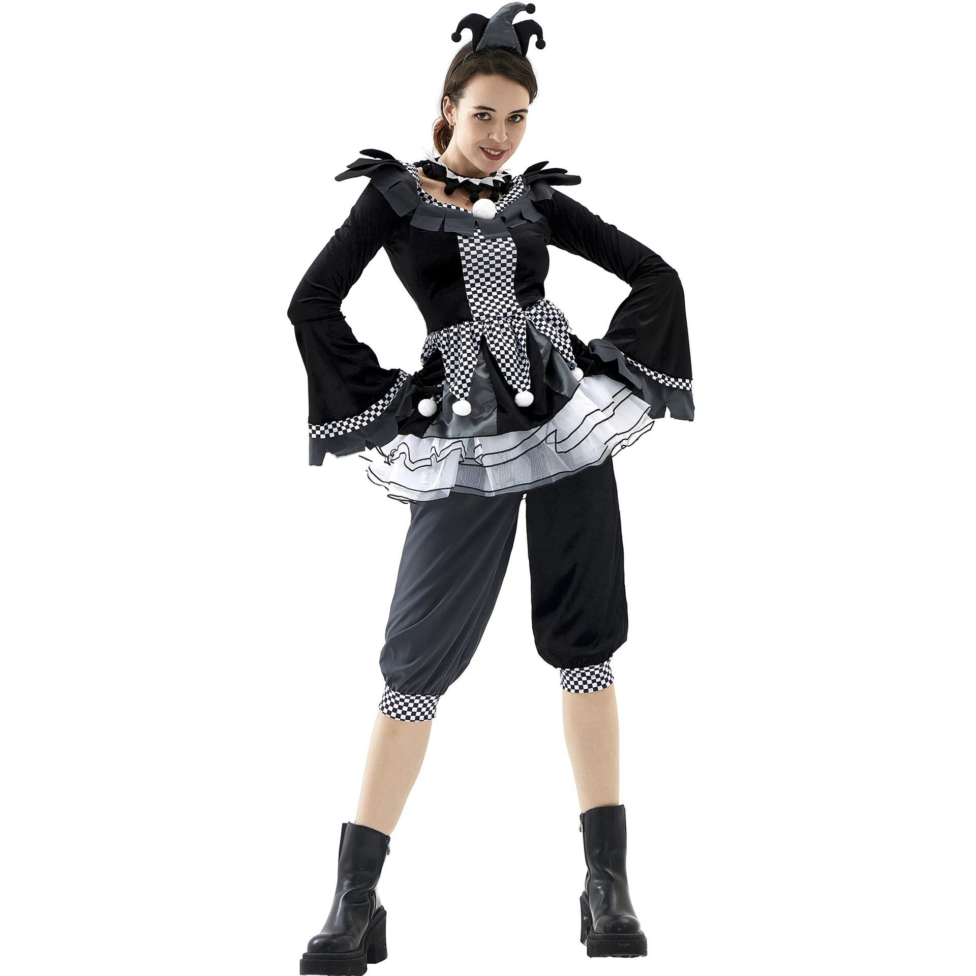 【Wetrose】In Stock Black Clown Cosplay Costume Gothic Joker Droll Man Woman Couple Outfit Circus Halloween Full Set