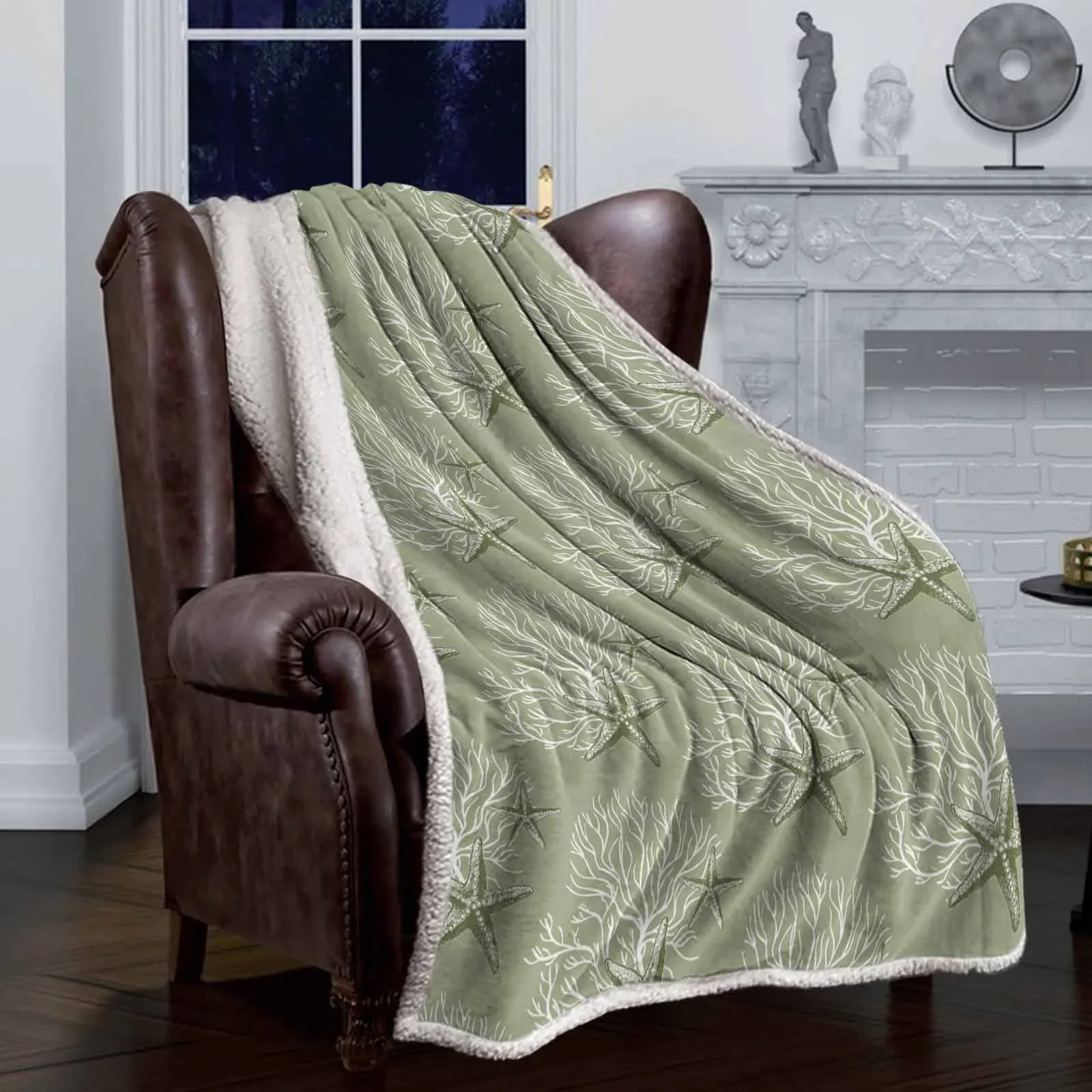 Coral Starfish Sage Green style double-layer thick winter ,soft and warm sheep wool crystal wool blanket,plush bed sheet