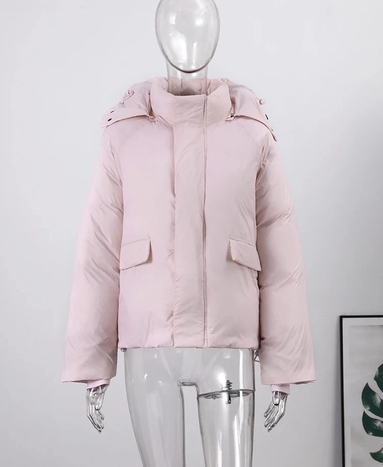 Jaqueta casual acolchoada com capuz feminina solta mangas compridas bolsos com zíper casacos com gola