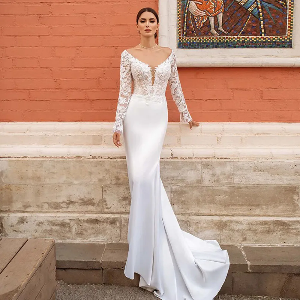 Msikoods Boho Long Sleeves Wedding Dresses Luxury V-Neck Lace Appliques Mermaid Bride Dress Backless Bridal Gowns 2024