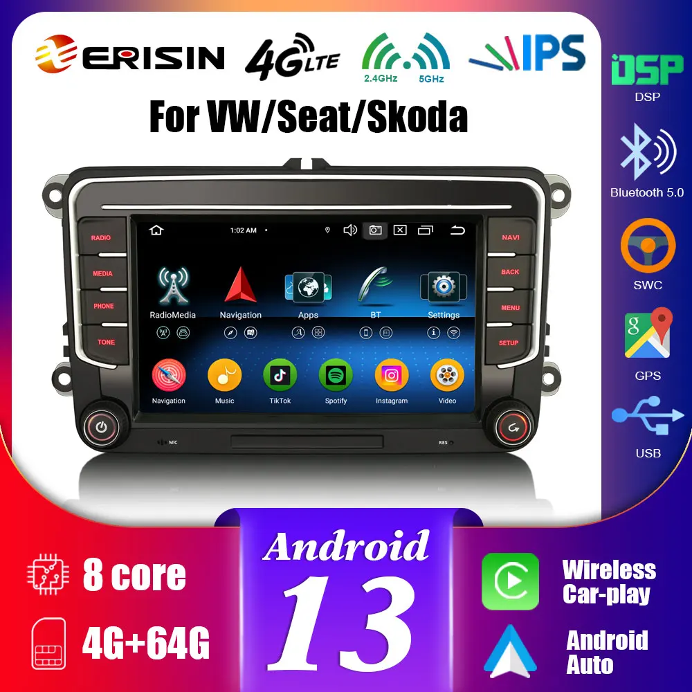 Erisin ES5735V Android 13 Car Stereo GPS For VW Sharan Tiguan Seat Altea Skoda Superb Multimedia 4G Wireless CarPlay Auto Radio