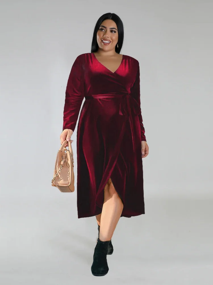 Robes de soirée vintage bordeaux pour femmes, col en V, manches longues, velours élégant, mince, grande taille, toutes les tenues d'automne