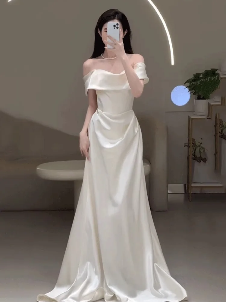 

2025 New One-oulder Satin Wedding Dr Simple Ele Forest System Super Fairy Engagement White Dr Sexy Embellied mi...