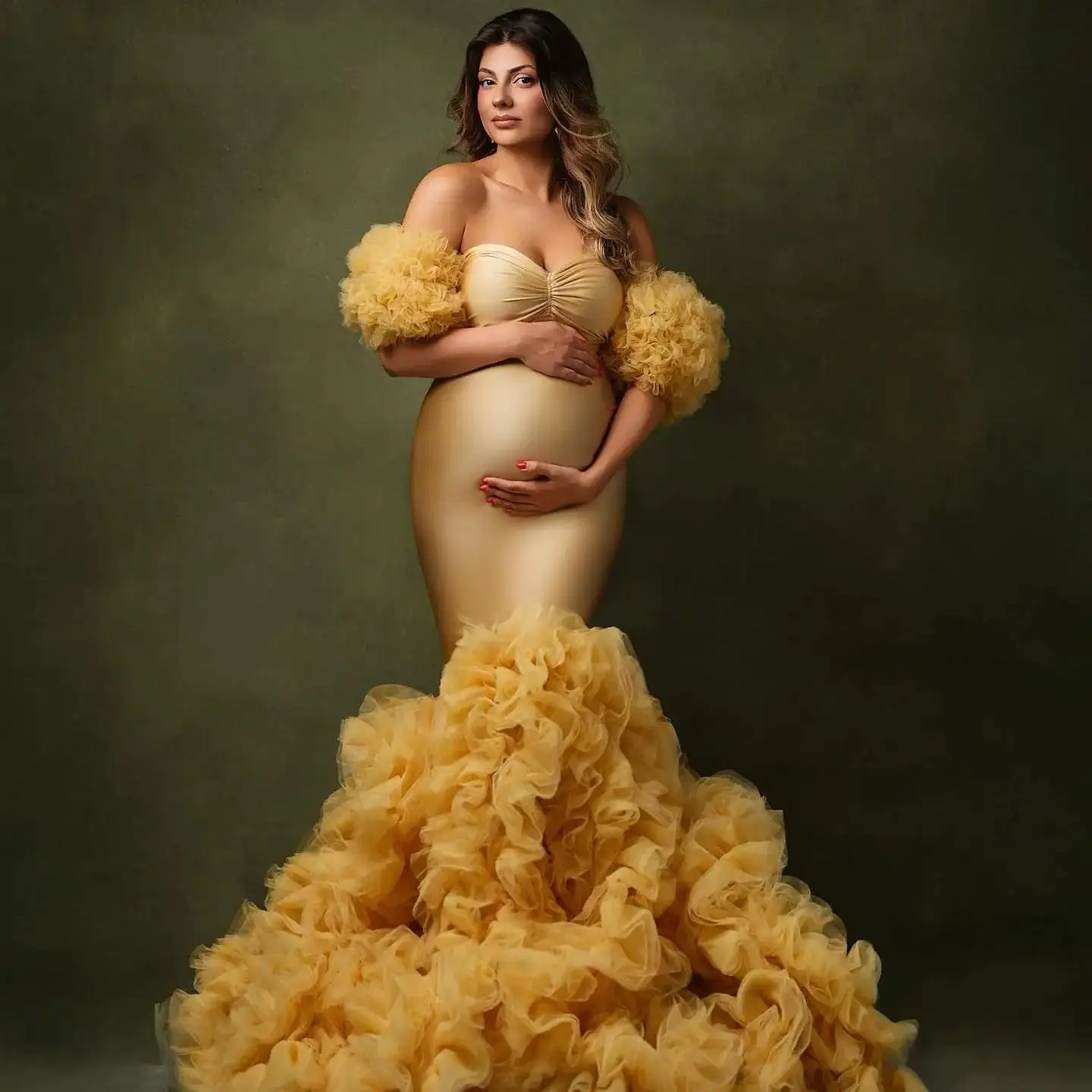 الذهب حورية البحر فساتين الأمومة لالتقاط الصور قبالة الكتف الكشكشة النساء الحوامل الجلباب مخصص الأكمام فساتين السهرة