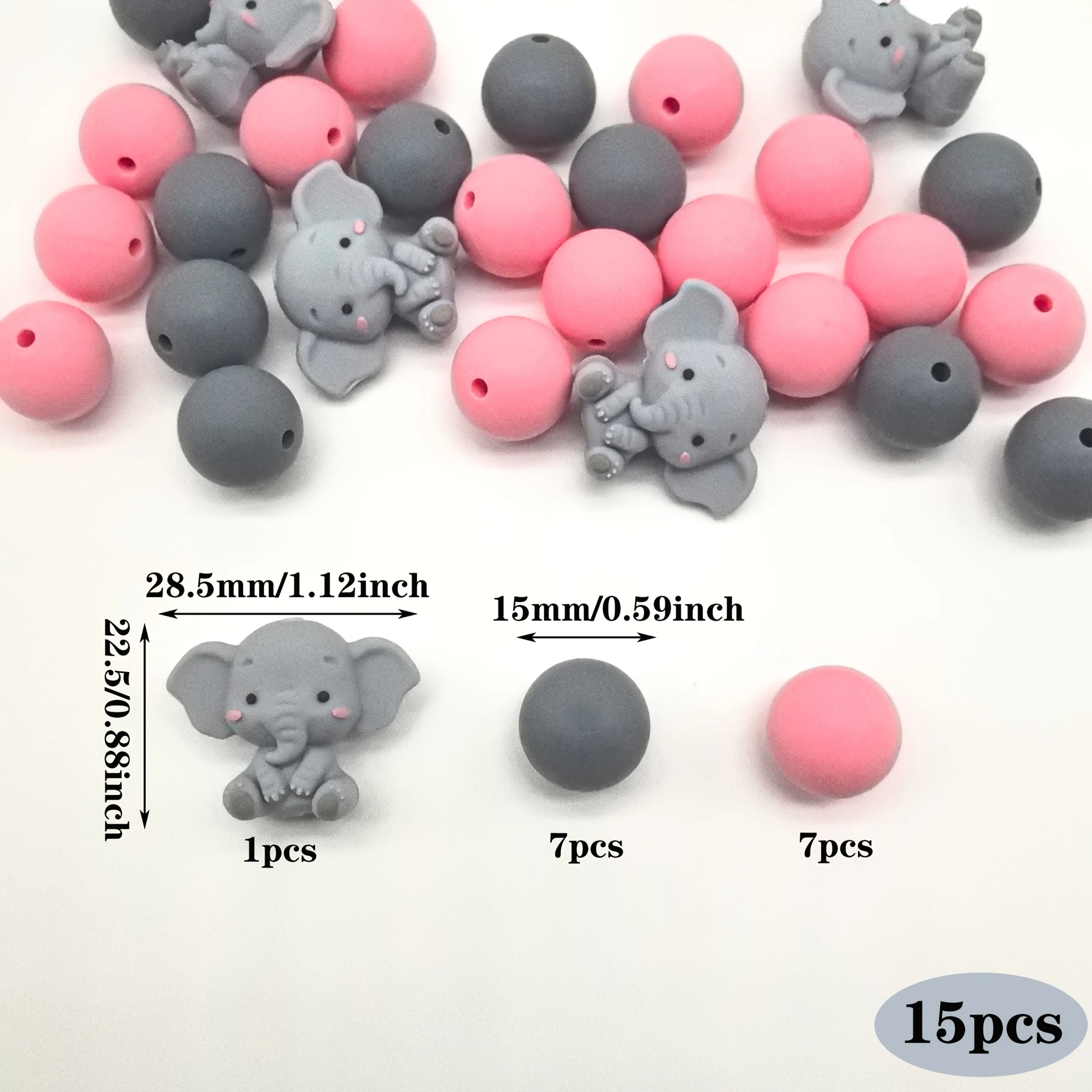 15pcs Silicone Beads Set - Cute Elephant & Round Shapes, Pink & Gray - Ideal for DIY Jewelry, Bracelets, Keychains & Crafts, Sil