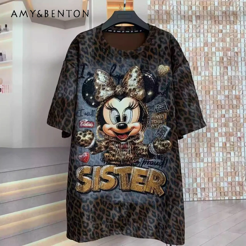 

Осенне-зимние матовые футболки для тяжелой промышленности со стразами и леопардовым принтом, модная свободная футболка с короткими рукавами, женский топ