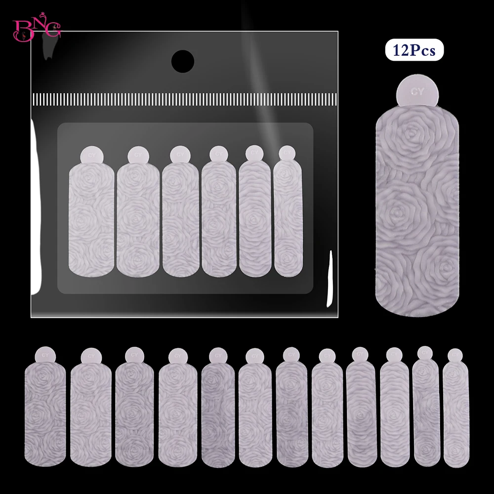 BNG 12Pcs French Manicure Nail Forms Set Dual Sticker Silicone Molds for Quick Design Reusable Rose Stencils with Relief Pattern