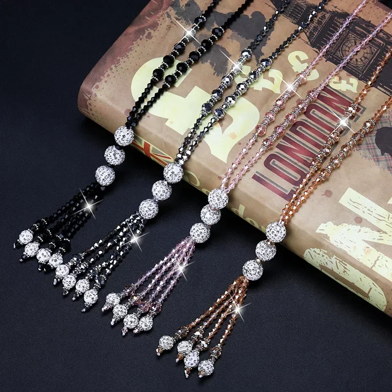 Korean Fashion Shiny Crystales Beads Long Tassel Necklace for Women Simple Sweater Chain Charm Female Party Jewelry