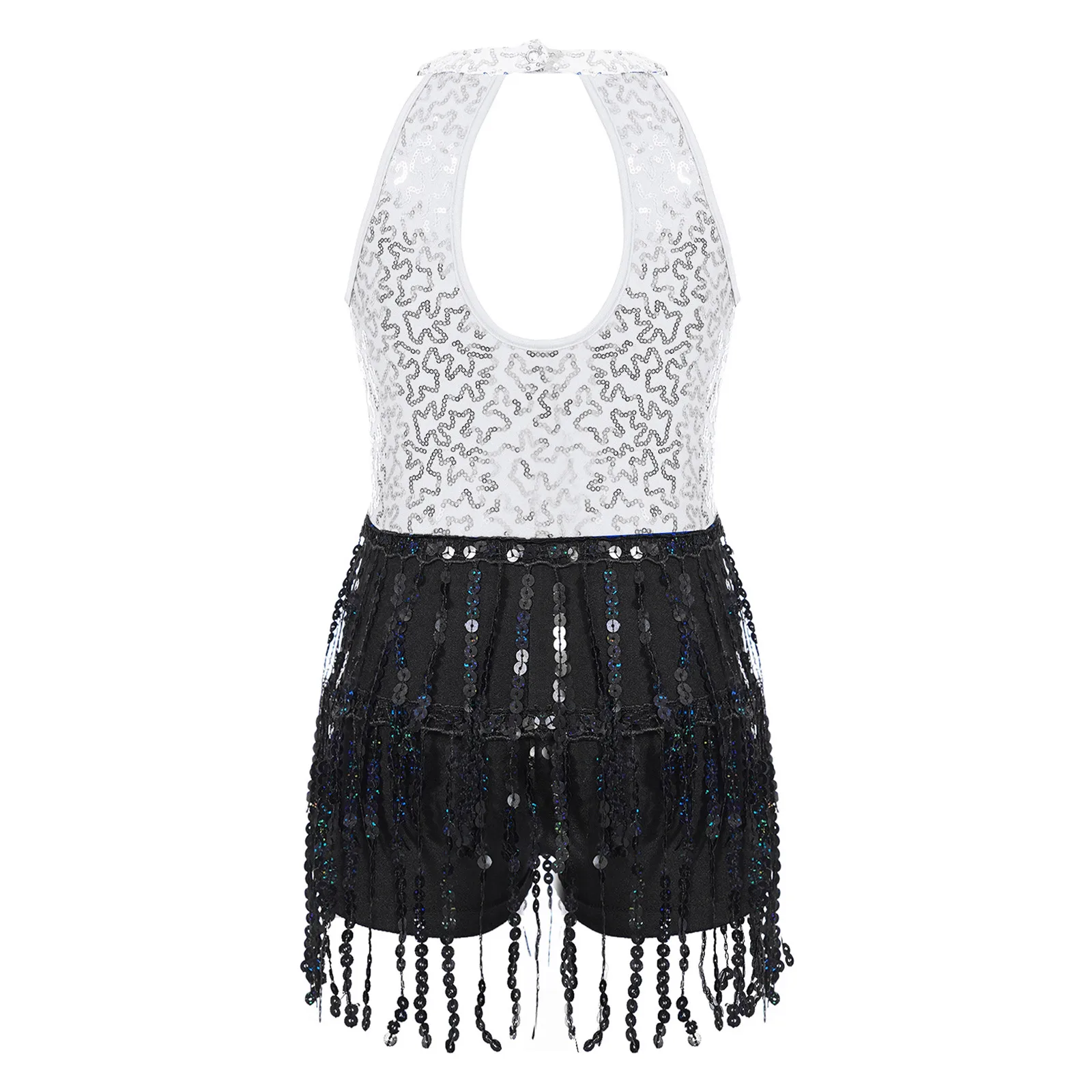 ชุดเต้นแจ๊สลาตินสำหรับเด็กผู้หญิง แต่งพู่และเลื่อม ชุดเลื่อมสำหรับเต้นชาช่า แทงโก้ ชุดบอดี้สูทแบบมีชายครุย ชุดเต้นรำสำหรับการแสดงบนเวที สตรีทแวร์