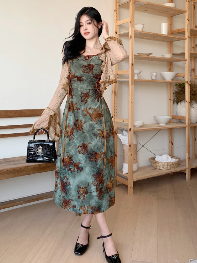 Vintage Elegant Floral Slip 2 Piece Sets Women Hollow Out Y2k Designer Velvet Long Dress Female Korea Fashion Chic Clothes 2024