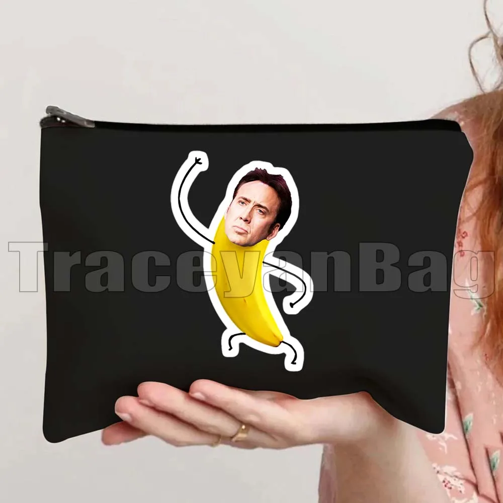 Vintage Nicolas Cage Pattern Nick Banana Nic Meme Cage Movies Fan Gifts Canvas Cosmetic Bags Makeup Toilet Bag Pencil Case Pouch