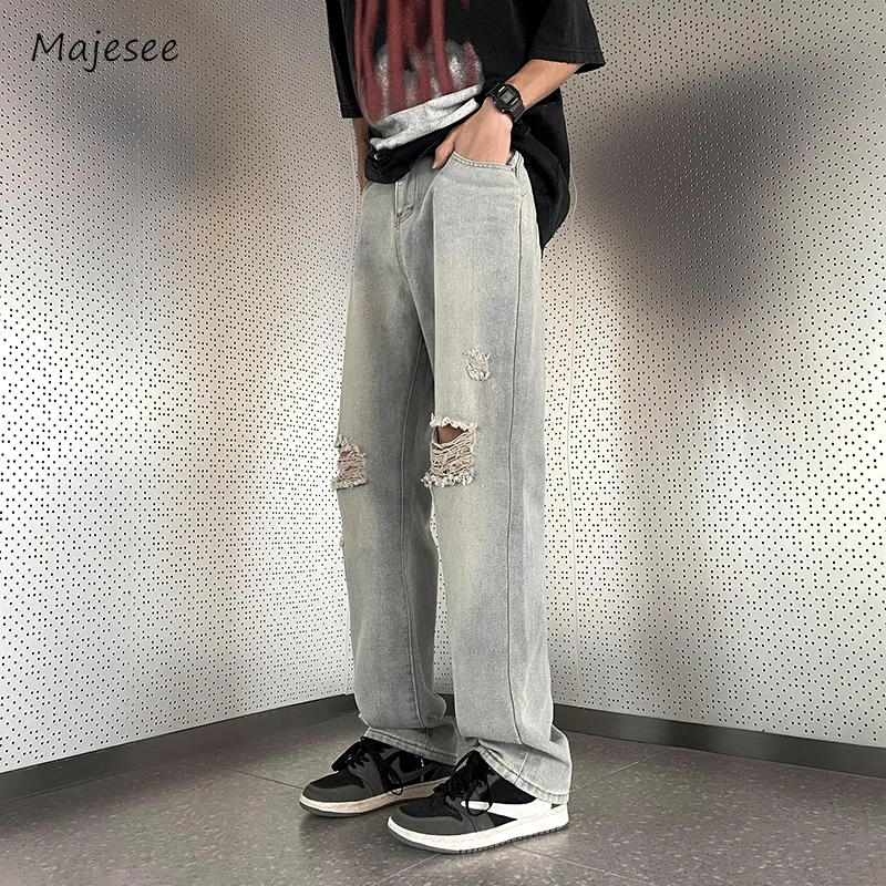 Loch Jeans Männer Denim Taschen High Street Alle-spiel Amerikanischen Stil Mode Hosen Gothic Freizeit Lose Männliche Kleidung Chic täglichen