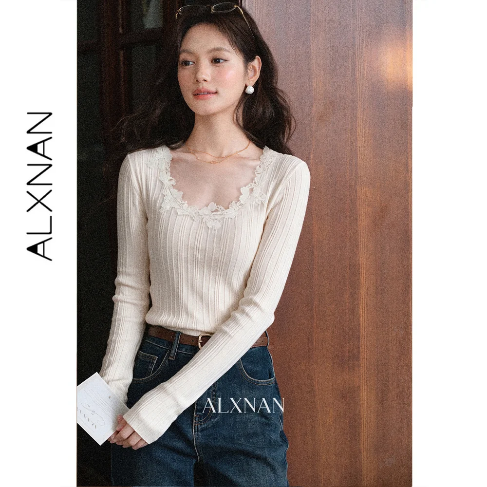ALXNAN Women's Apricot Lace V-Neck Long Sleeve Knit Top Slimming Versatile Commuter Minimalist Autumn 2026 Clothing L680267A