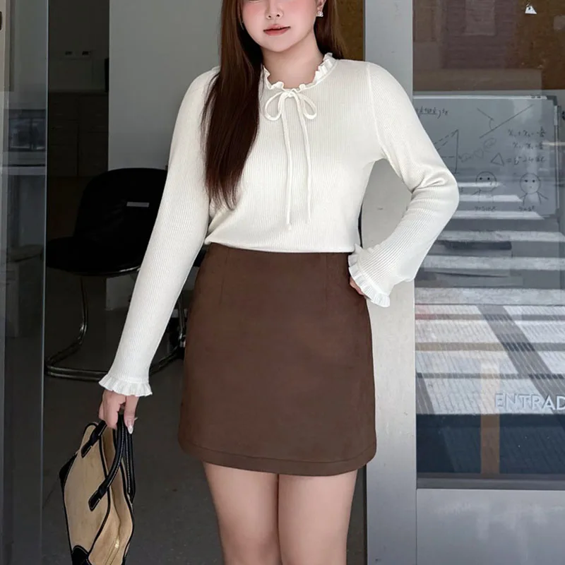 

4XL модная женская футболка больших размеров премиум-класса в консервативном стиле с воротником с рюшами вязаная текстура бежевый базовый топ 9401