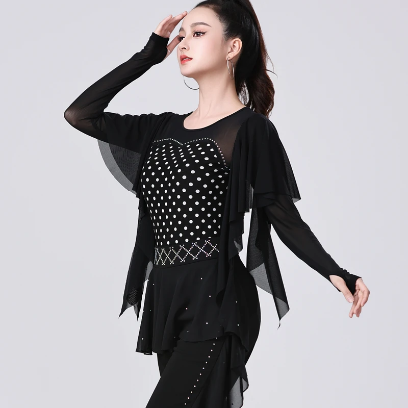 women's-dance-outfit-long-sleeve-mesh-tights-polka-dot-square-dance-top-spring-autumn-new-style-performance-clothing