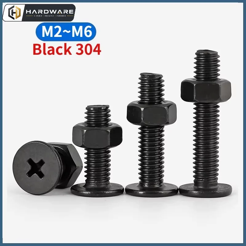 Black 304 Stainless Steel Phillips Ultra Thin Wafer Flat Low Profile Screws Bolt And Hexagon Full Nuts Set M2 - M6