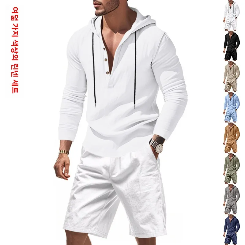 

2025 Men's Linen Two-Piece Long Sve Henley Hoodie And orts Set Casual Summer Sportswear Cotton Blend Fabric orts
