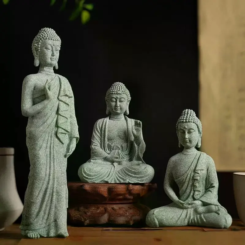 Green Sandstone Buddha Ornament; Mini Thai Figurine for Zen Home & Garden Display