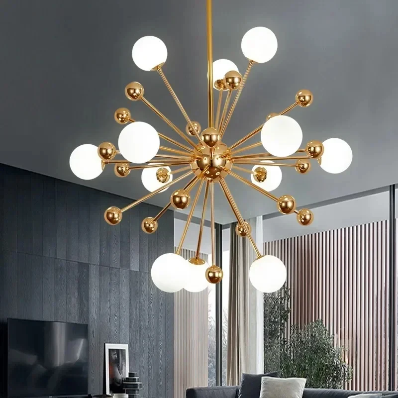 Modern Gold Sputnik Chandelier Dimmable Ceiling Light Fixture With Frosted Glass Shade Living Room Dining Room Bedroom