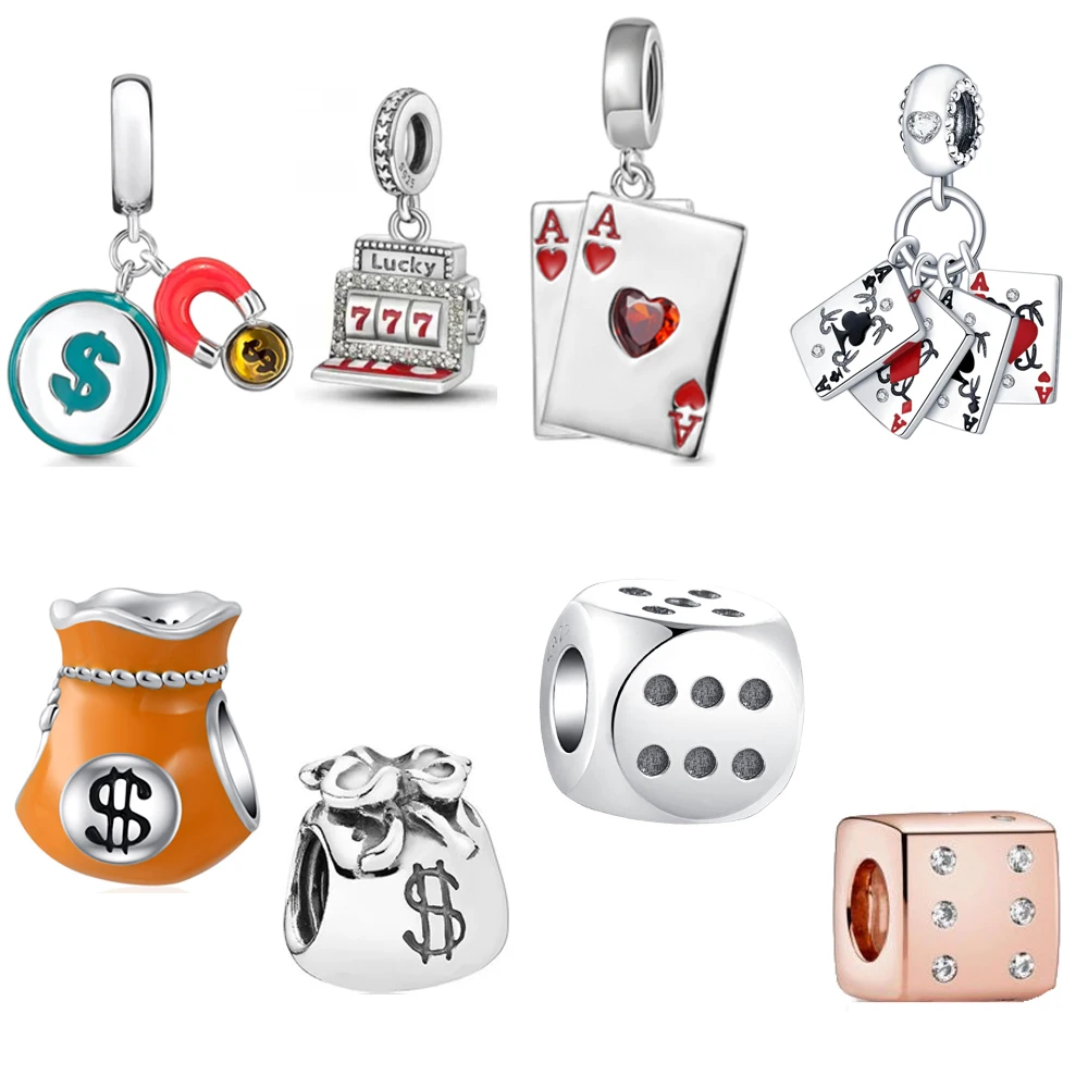 New Money Charms Poker dice Lukey Day Beads Dangle Fit Original Pandora Bracelet Accessories DIY Women Pendant 925 Silver Plated