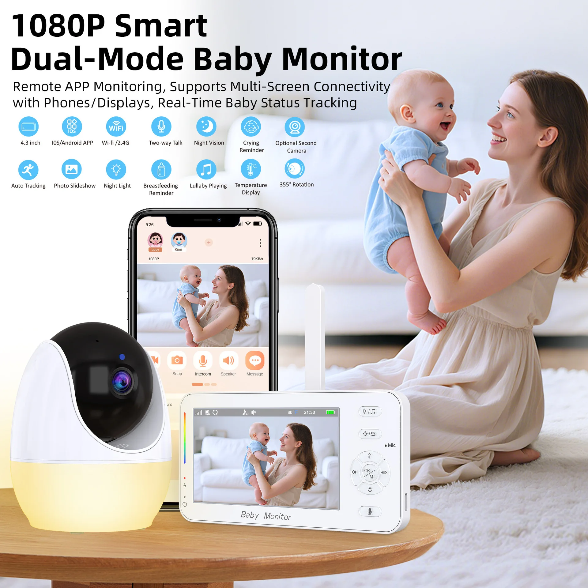 1080P Baby Monitors 4.3‘’ 4X Zoom Camera Motion/Sound Detect Nanny Night Light VOX APP & Wireless Monitor Dual Control Babyphone