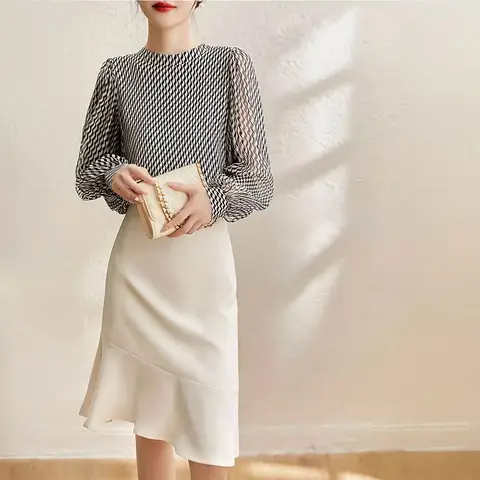 우아한 여성 디자이너 시폰 블라우스, 럭셔리 브랜드 탑, 레트로 영감을 받은 기하학 프린트, 인스 스타일 매력 셔츠