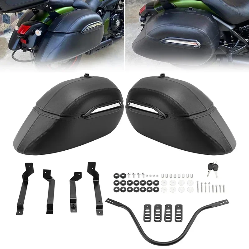 2PCS Motorcycles Black Saddlebag Luggage Side Bags Hard Bag Mounting Kit Accessories For Kawasaki Vulcan S 650 VN650 2015-2023