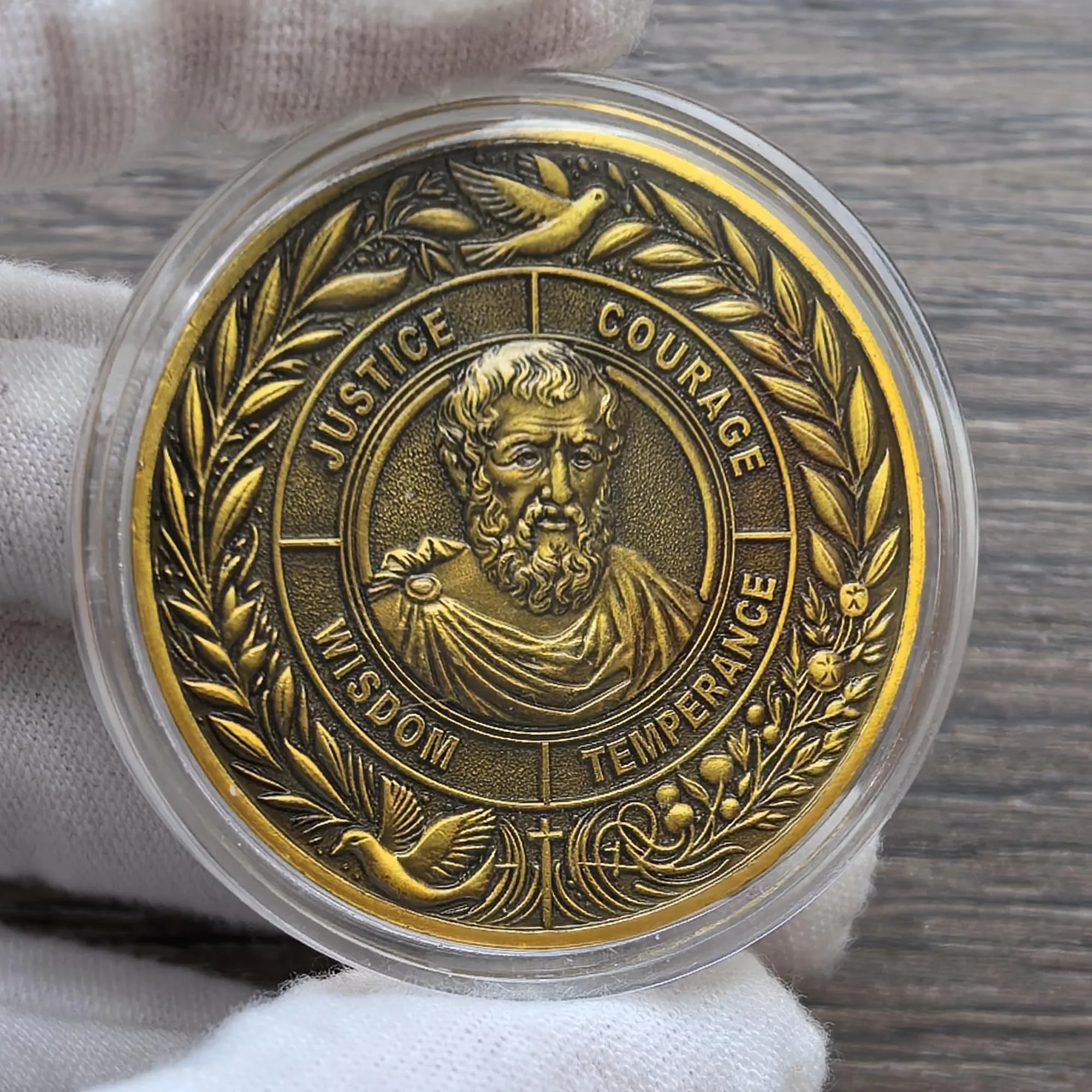 The Cardinal Virtues Stoic Coin with Symbols of Justice, Courage, Wisdom, and Temperance