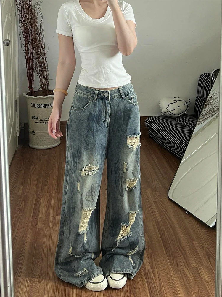 

American High Street Vintage Ripped Denim Jeans Women Spring New Sle Dirt Stained Floor-Length Pants Loose Fit Casual Wear