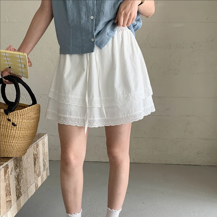 

Summer casual drawstring elastic waistband lace patchwork A-line skirt women