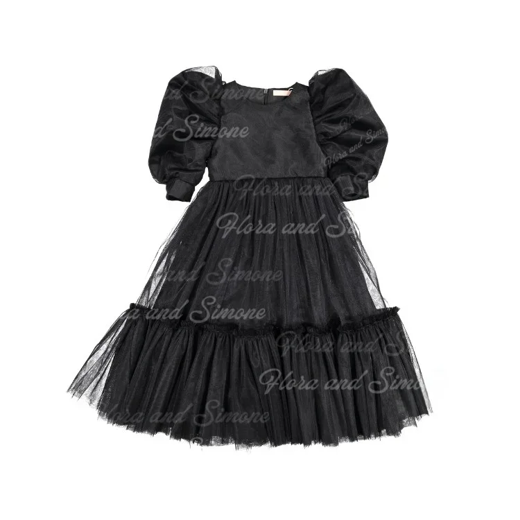 Elegante satijnen bloemenmeisjesjurk met bubbelmouwen voor bruiloft Ronde hals Pluizige kinderverjaardag Eerste communiejurk op maat