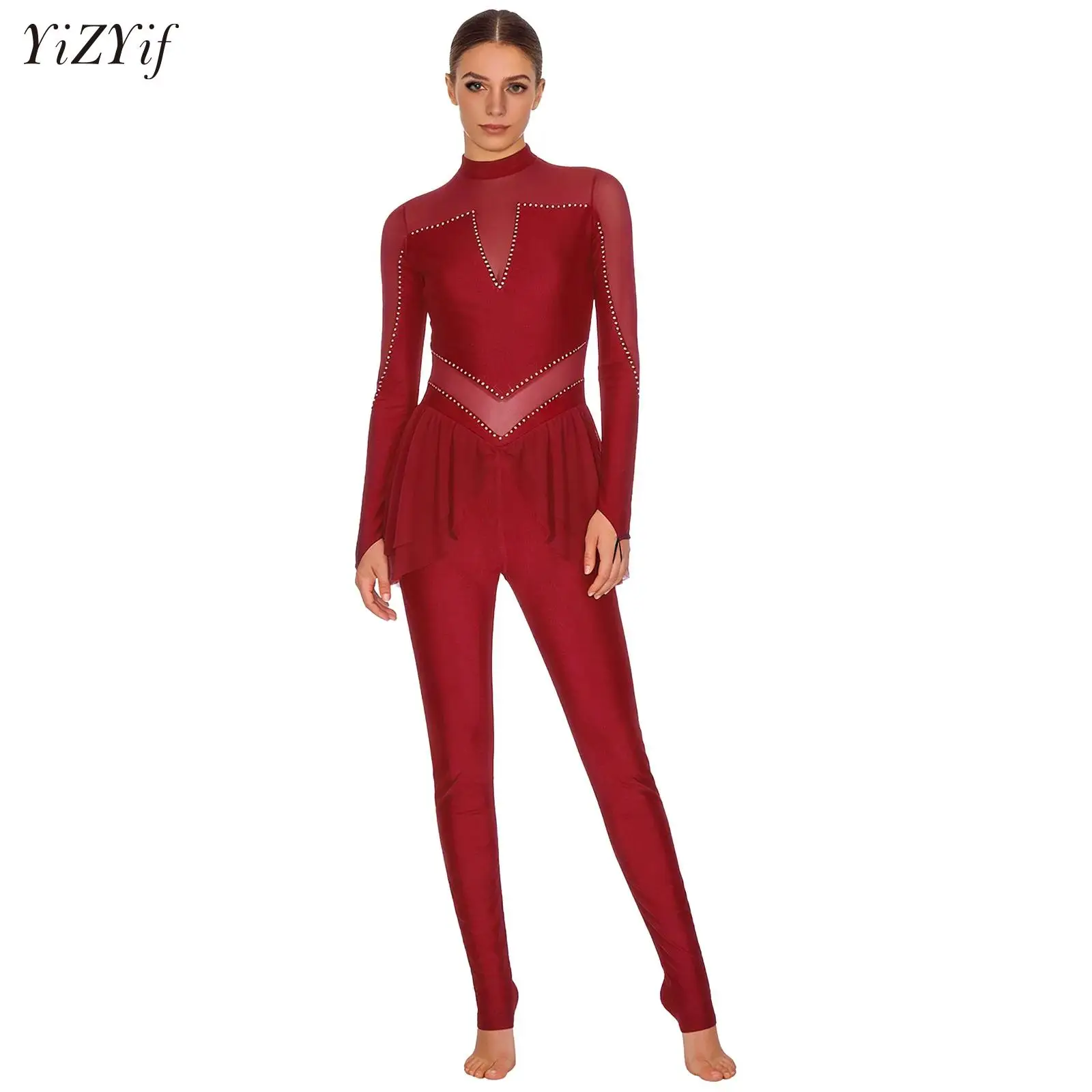 

Sheer Mesh Patchwork Shiny Rhinestone Long Sleeve Leggings Unitard Womens Ballet Jersey Gymnastics Figure Skating Sport Unitards