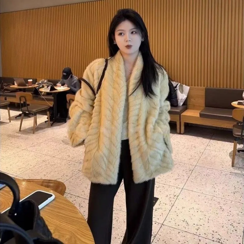 Women Korean Style V Neck Faux Mink Fur Coat Loose Warm Furry Integrated Plush Winter Outerwear
