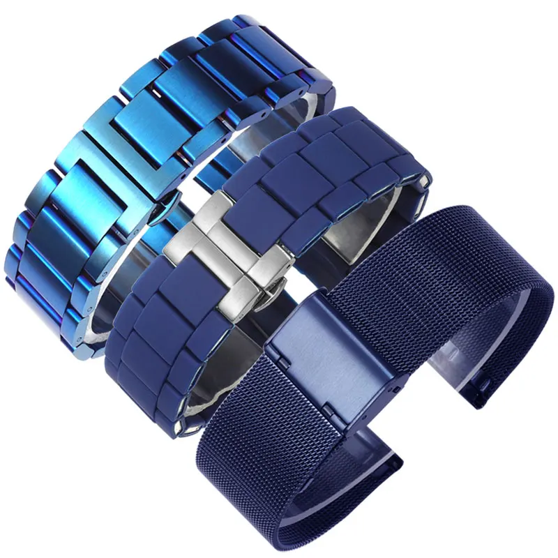 Blue Stainless Steel Watchband Strap Metal Bracelet Strap  8 10 12 16 18 20 21 22mm Straight End For Men Women Fashion Watch