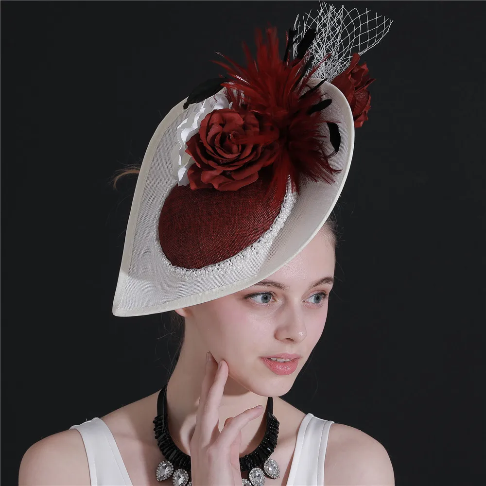 

Sinamay Feather Fascinator Hat for Women with Pearls Flowers，Kentucky Derby Veil Hat Bridal Wedding Tea Party Headwear