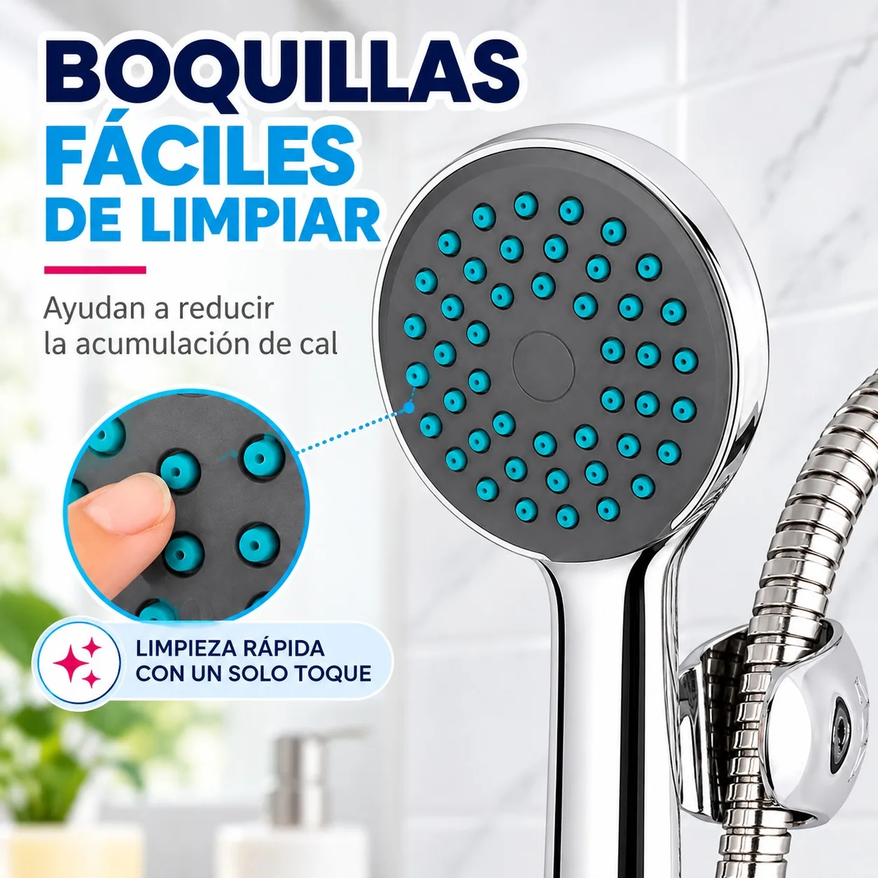 Juego de Alcachofa de Ducha de Mano con Manguera Flexible de 150cm y Soporte de Pared, Cabezal de ABS Cromado con Boquillas de Silicona Antical para Baño y Lavado de Mascotas
