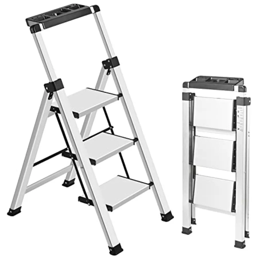 Escalera de 3 Peldaños Retráctil con Agarradera, Escalones Plegables con Pedal Ancho Antideslizante de Aluminio, 3 Peldaños, 330 Libras de Capacidad, Seguridad para el Hogar